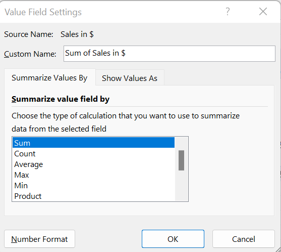 Summary example Pivot Table