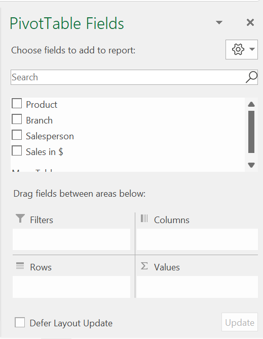 Choose fields to add Pivot Table