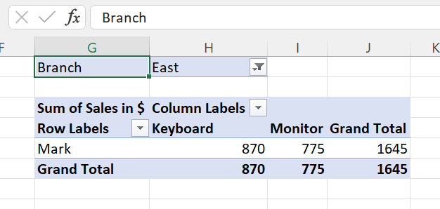 PivotTable arrangement example