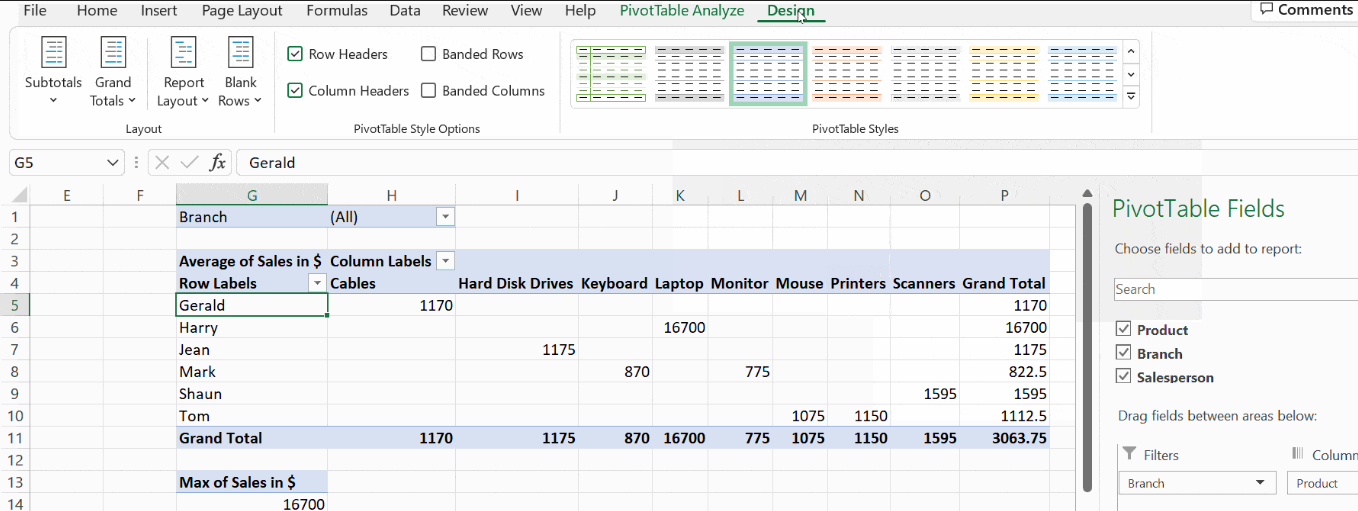 Pivot Table design button