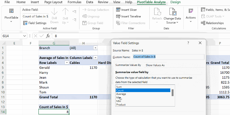 Pivot Table analyze button