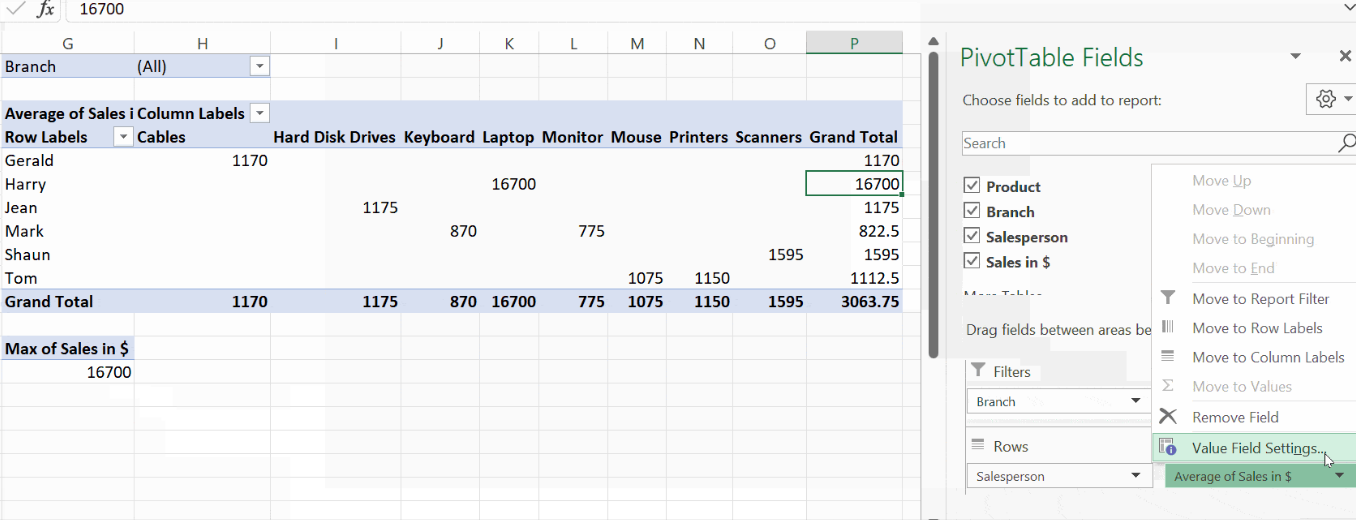 Value field settings Pivot Table